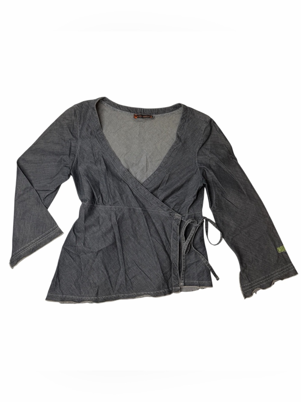 Cop Copine Y2K Denim Wrap Top Cache-Coeur Bell
Sleeve Tie Waist